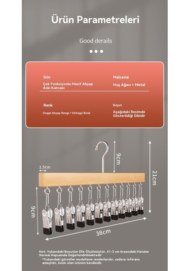 10 Klips Ve Tek Sıra İç Çamaşırı Ve Çorap Klipslerinin Sorunsuz Bir Şekilde Saklanabildiği Çok İşlevli, Masif Ahşap Çoklu Klipsli Askı Kahverengi