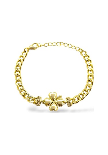 Kalın Zincirli Yonca Detay Çelik Bileklik Altın - Gümüş