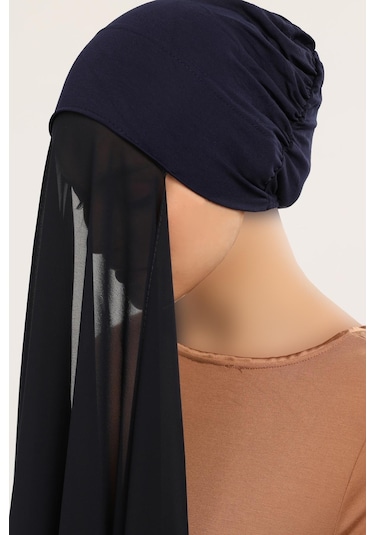 Hazır Pratik Lüks Geçmeli Lastikli Boneli Şifon Şal Lacivert