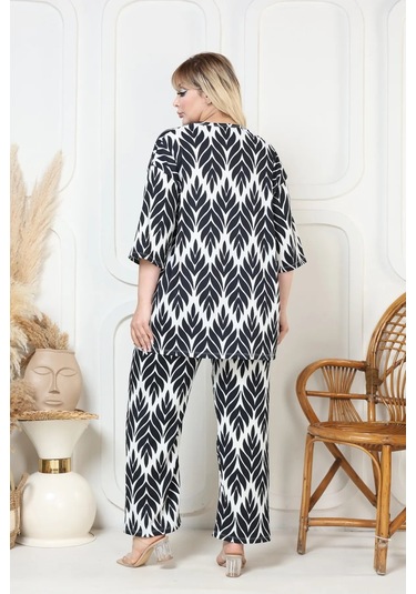 Desenli Kimono Hırkalı 2li Alt Üst Takım Bürümcük Kumaş Yazlık 2xl-6xl Oversize Siyah