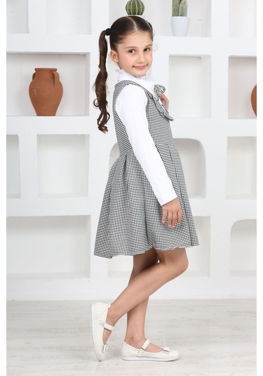 Kız Çocuk Kaz Ayağı Desenli Pileli Elbise Ve Likralı Body Siyah-beyaz