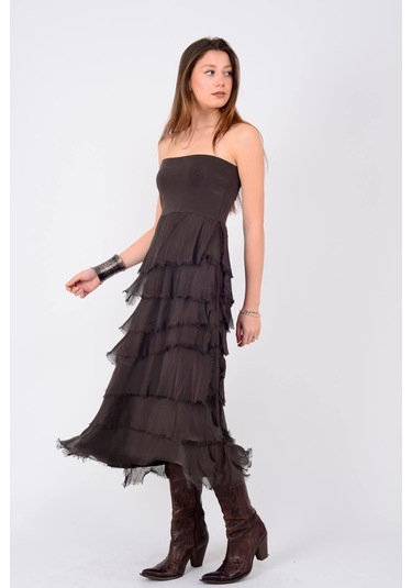 İtalyan 2 Beden Ince Gösteren Kat Kat Ipek Etek & Straplez Elbise Kahve Rengi