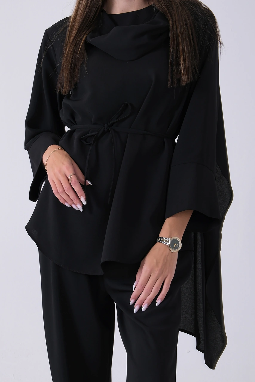 Feminist Siyah Şal Yaka Üzeri Broş Detaylı Pantolonlu Takım 4592270.01 Siyah