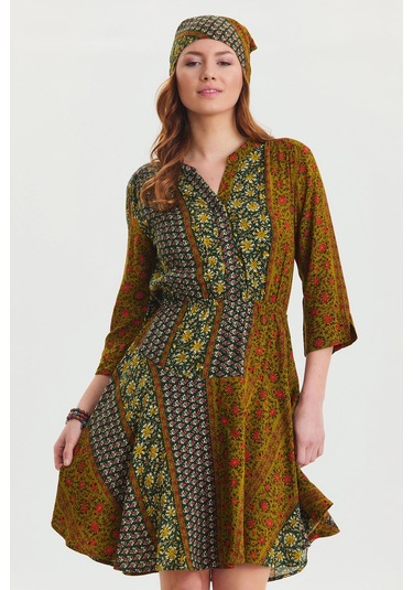 Hakim Yaka Düğme Detaylı Midi Elbise Yeşil