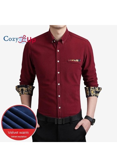 Cosy Up Fitilli Kadife Sıcak Erkek Polar Gömlek Kış İçin Sıcak Gömlek Kırmızı