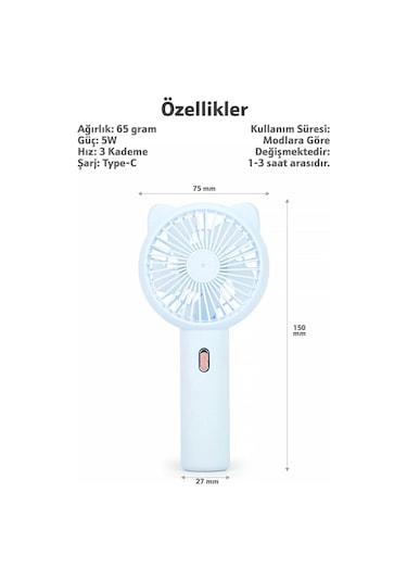 3 Modlu Şarjlı El Fanı 3 Kademe Seyahat Masaüstü Vantilatör Taşınabilir Mini Fan Mavi F136