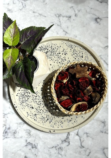 Dekoratif Terrazzo Yuvarlak Tepsi 26 Cm Beton Mermer Desenli Sunumluk Organizer Tepsi Marble