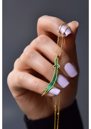 Papatya Silver 925 Ayar Gümüş Toplu Parlayan Rüya Serisi Tasarım Ebruli Cam Boyalı Zülfikar Kılıcı Kolye