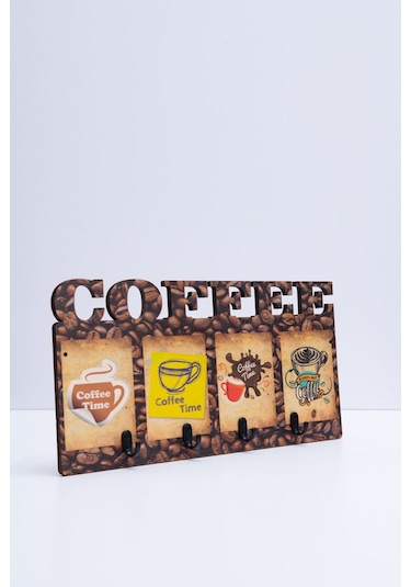 Deepcraft Duvar Askılığı 4 Askılı Doğal Ahşap Uv Baskılı Coffee Kahve