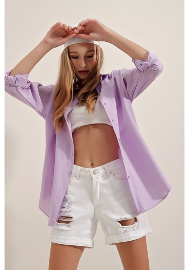 Bigdart 3900 Oversize Uzun Basic Gömlek - Lila 001