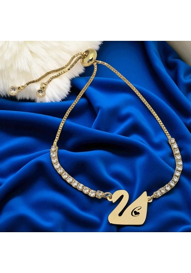 Archin C Harfine Özel 14 Ayar Altın Plakalı Beyaz Taş Detaylı Kuğu Kuşu Motifli Hediye Bileklik-601harf C