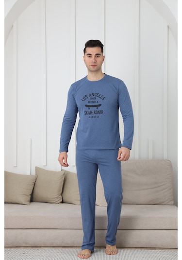 Fames Pijama Erkek Uzun Kol Penye Pijama Takimi Mavi