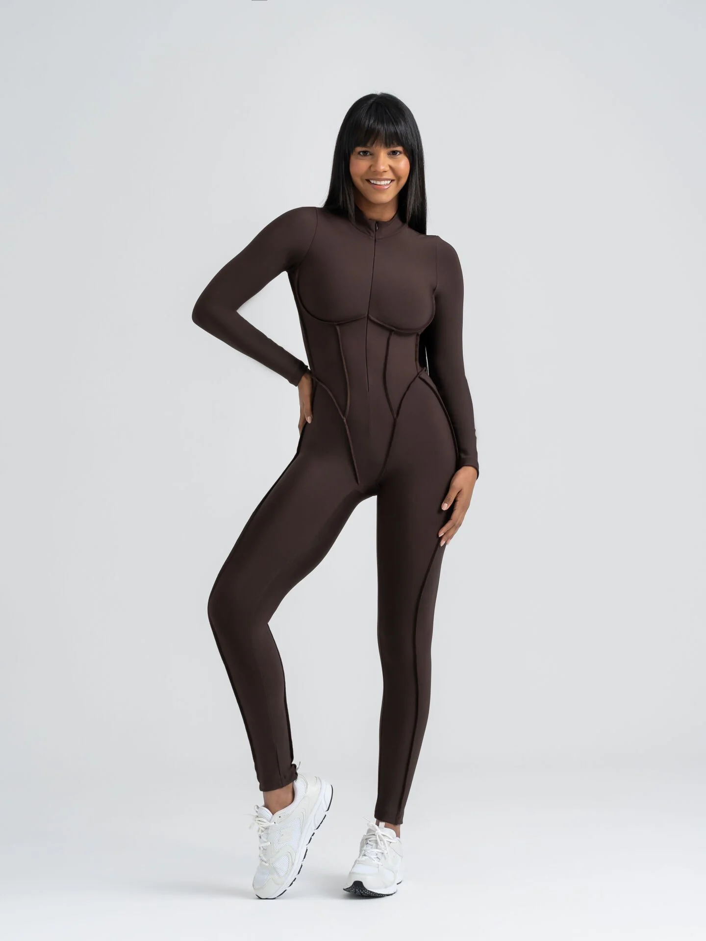 Dikişle Modellenmiş Spor Tayt Tulum Kahverengi