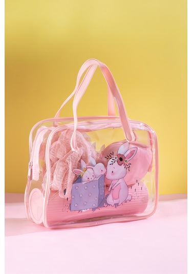 Porsima 3143 Tavşan Figürlü Seyahat Seti - Diş Fırçası Kutusu Banyo Lifi Sabun Kutusu Seyahat Çantası Pembe