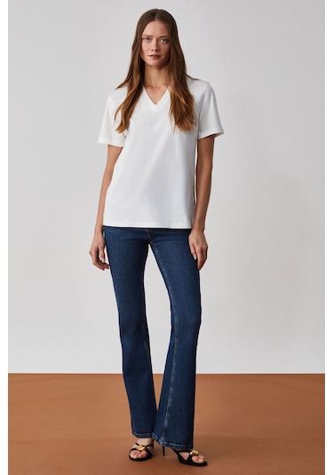 GRIMELANGE Alıne Kadın %100 Organik Pamuk Derin V Yakalı Comfort Fit Beyaz T-shirt Beyaz