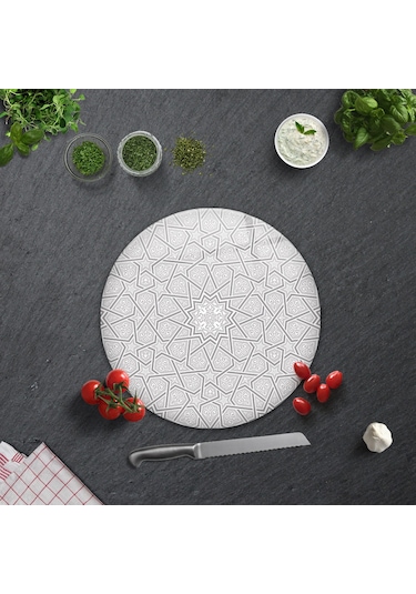Selçuklu Motifi Desenli Cam Kesme Tahtası Çap32cm