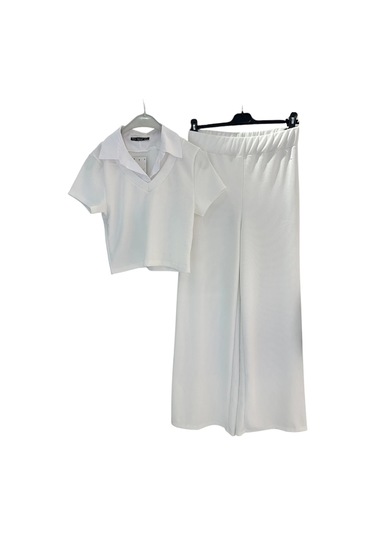 Tkm01 Yaka Detaylı Kısa Kollu Panyolonlu Takım Beyaz