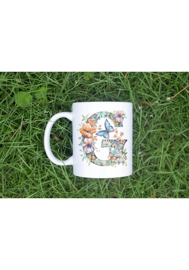 G Harfi Çiçekli Kupa Bardak - Soft Renk Çiçek Ve Kelebek Desenli Zarif Kahve Kupası - Bohem Beyaz