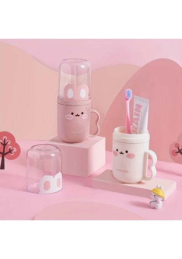 Elmpaly Pembe Renkli Taşınabilir Diş Fırçası Kutusu Ve Ağız Bakım Seti Sevimli Tavşan Desenli Seyahat Çözümü 1