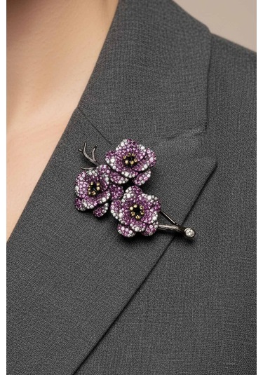 Sakura Siyah Rodyum Kaplama Gümüş Broş Siyah