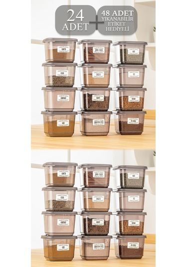 24'lü Set Baharatlık - Etiketli Kare Baharat Saklama Kabı Seti Antrasit 24 X 0,50 Lt Baharat Takımı Antrasit