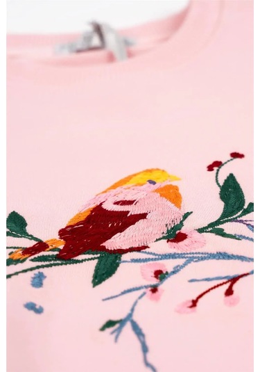 Kız Bebek Pembe Uzun Kollu Kuş Nakış Detaylı Kışlık Sweatshirt Pembe