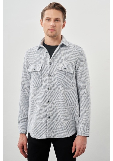 Koyu Mavi Uzun Kol Kendinden Desenli Gabardin Sert Yaka Kapaklı Cep Pamuklu Classic Comfort Fit Gömlek 1004245167 Koyu Mavi