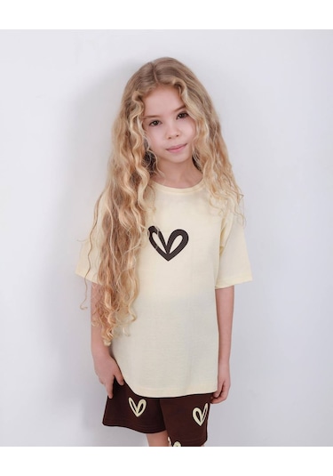 Miniko Kids Kız Çocuk Kalp Modelli Pamul Şortlu Takım Ekru