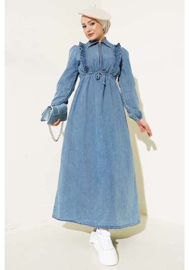 Fırfırlı Fermuarlı Balon Kol Kot Elbise Mavi