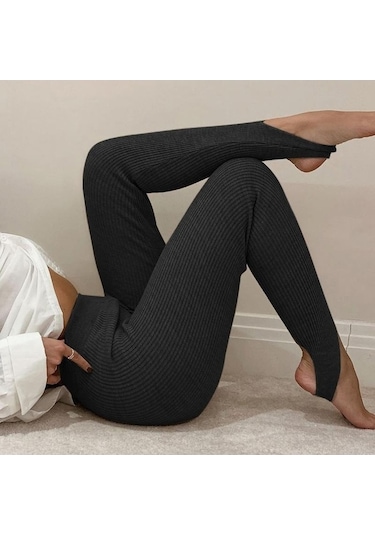 Novahub Siyah Bej Nervürlü Örgü Tayt Kadın Yüksek Bel Pamuk Spor Temel Pantolon Rahat Bahar Yeni Tüm Maç Kadın Sıska Tayt Siyah - S SiYAH