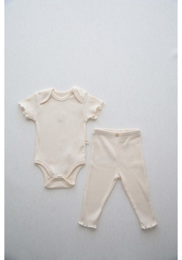 Deniz Kabuğu Nakışlı Fitilli Body Tayt Set Krem