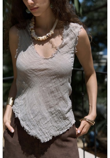 Mai Collection Mai Studios Co. Veilinas Asimetrik Vizon Keten Crop Vizon