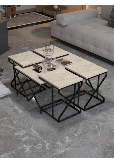 Orta Sehpa Ve Zigon Sehpa V Lüx 5'li Set Traverten Bej