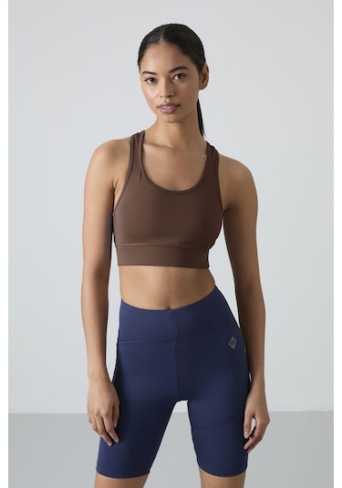 Kahverengi Sırt Detaylı Dar Kalıp U Yaka Kadın Spor Büstiyer - 97120 Kahverengi