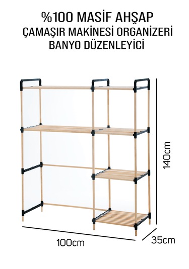 Nc02 Ahşap Çamaşır Makinesi Organizer Banyo Düzenleyici Raf Masif Çam Ahşap Açık Ahşap