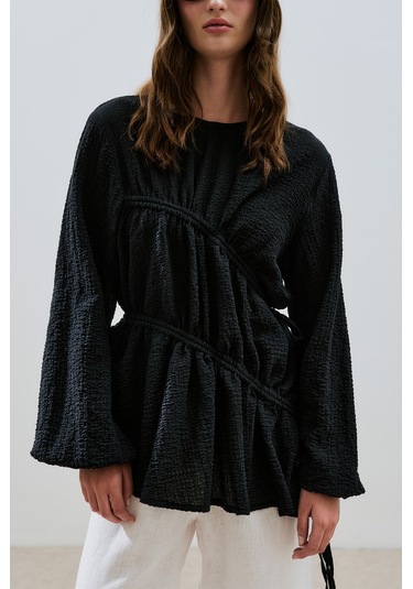 Büzgü Bağlamalı Dokulu Tunik Siyah Siyah
