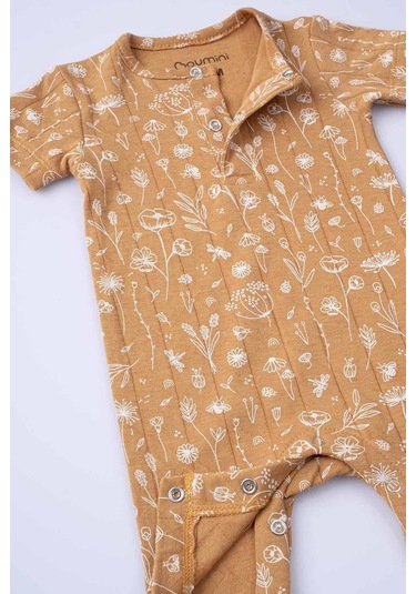 Boumini Kısa Kollu Şort Bebek Tulum Bahar Çiçekli Hardal-hardal Hardal