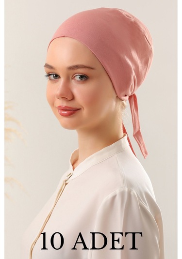 Kadın Tesettür Dikişli Set Bone Pudra 10 Adet Bağlamalı Penye Bone Pudra