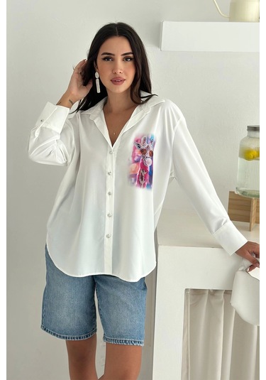 Zürafa Desen Baskılı Taşlı Gömlek Beyaz