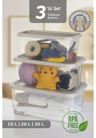 3'lü 15-20-30 L Çok Amaçlı Saklama Kabı Seti - Kilitli Kapak Banyo Mutfak Düzenleyici Saklama Kutusu Bej