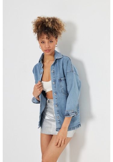 Kutaf Buz Mavi Çift Cep Detaylı Tam Kalıp Denim Gömlek Bebe Mavi