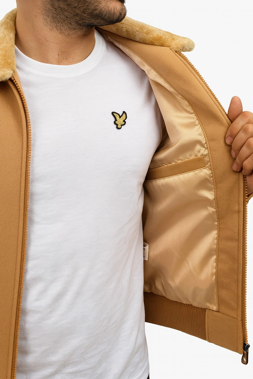 Erkek Kaşe Mont Kürklü Yaka Astarlı Fermuarlı Kışlık Ceket Plus Scorpion Açık Bej