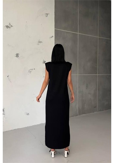 Neşeli Butik Kadın Vatkalı Yırtmaç Detaylı Modal Elbise Nbg010 Siyah