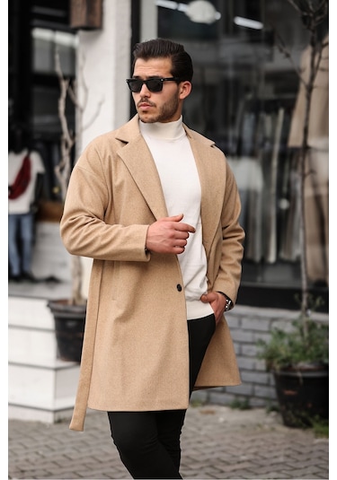 Mero Life Erkek Hardal Kemerli Oversize Rahat Kesim Kaşe Kaban HARDAL