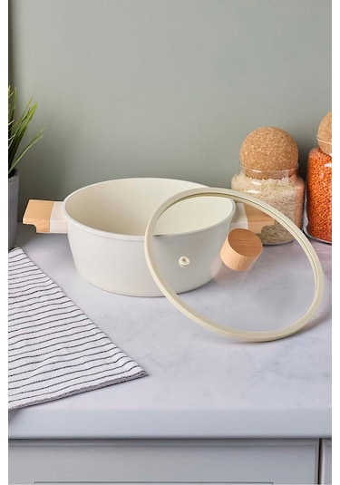 Cookwood Beige İndüksiyon Tabanlı Ahşap Kulplu Kapaklı Seramik Derin Tencere 20 Cm Bej Bej