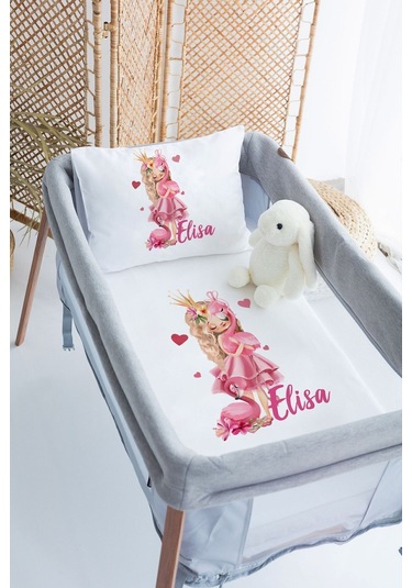 Lilabio %100 Pamuk Saten İsme Özel İsimli 70x120 Park Yatak Nevresim Seti Prenses Ve Flamingo