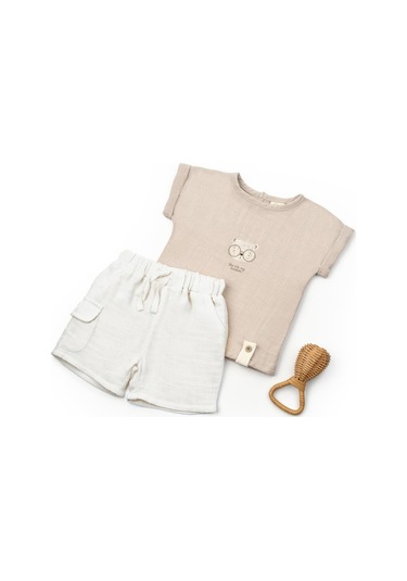 Bebek Kısa Kollu Tişört Ve Pantolon Takımı, %100 Pamuk, Bebek Ve Yenidoğan Serisi - Csym7103 Vizon