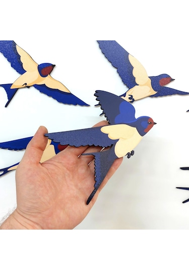 Cajuart Dekoratif 6 Parça Mavi Kırlangıç Ahşap Duvar Tablo Duvar Dekoru