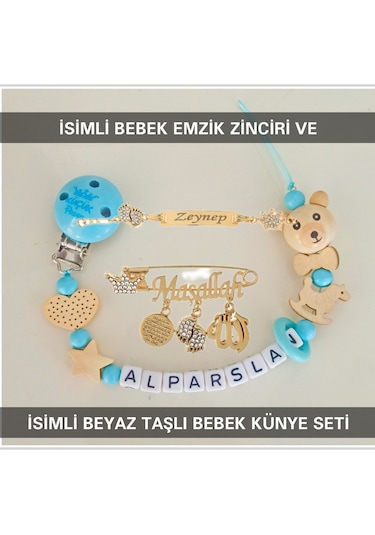Sahi Aksesuar İsimli Bebek Emzik Zinciri Ve İsimli Bebek Künye Seti Bezyı698 Bebek Mavisi - Lacivert