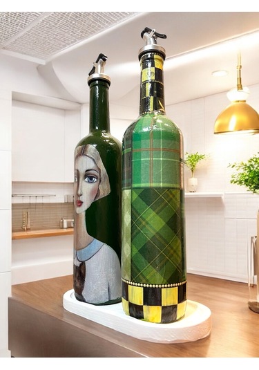 Vintage Sanat Desenli Retro Yeşil Cam Yağdanlık Seti-sirkelik Sosluk Seti- Ev Ve Mutfak Dekoru Yeşil